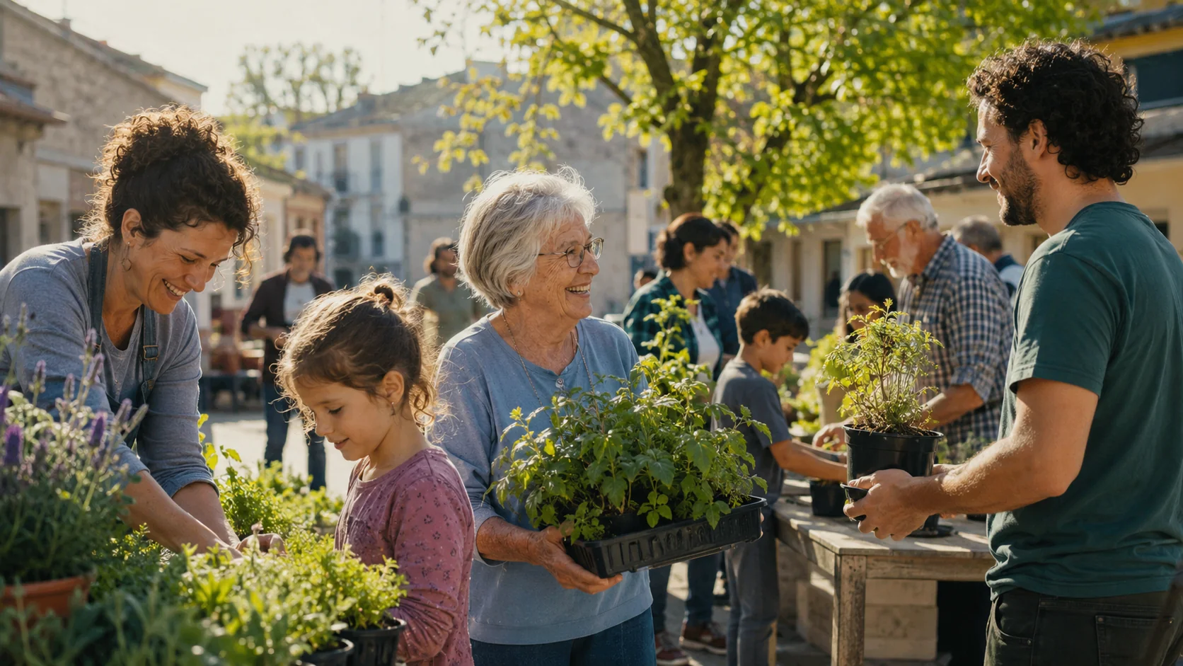 Menschen verschiedener Generationen arbeiten gemeinsam in einem sonnigen Nachbarschaftsgarten