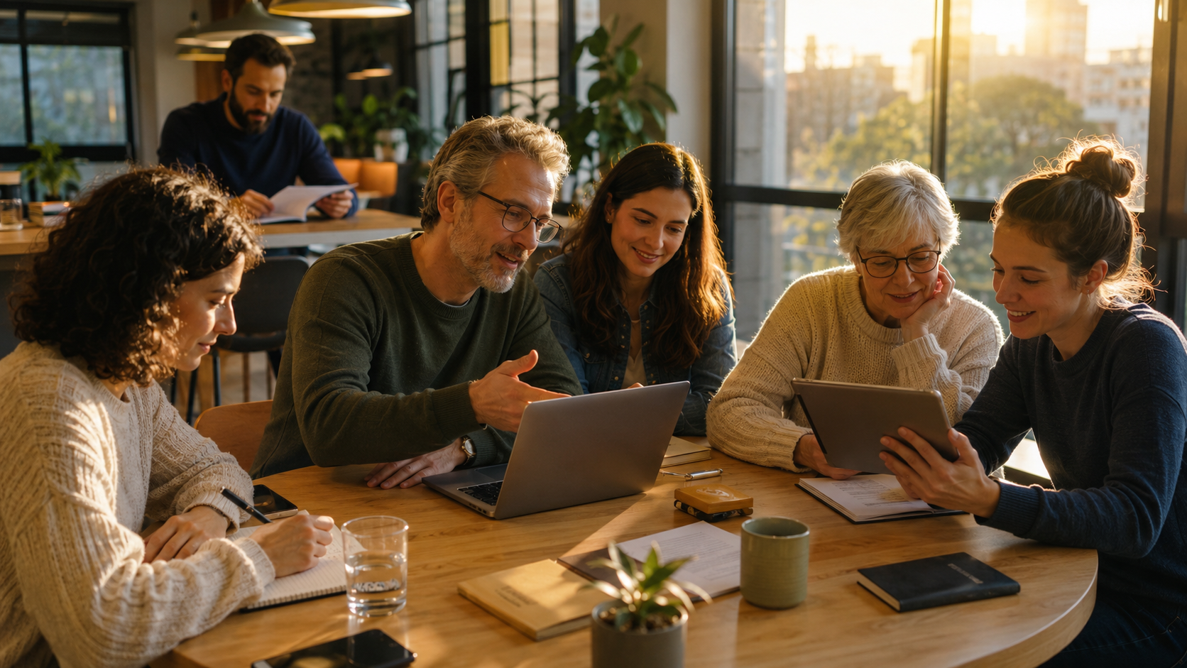 Generationsübergreifende Lerngruppe arbeitet gemeinsam am Laptop und Tablet in einem warm beleuchteten Raum