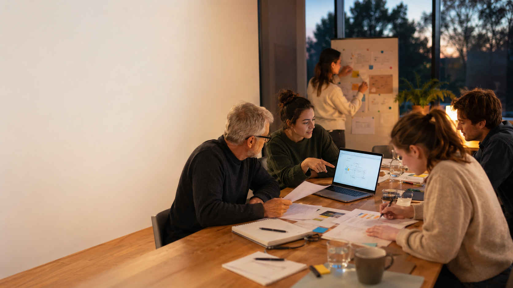 Team prüft am Abend gemeinsam einen Förderantrag am Laptop, mit Strategiepapieren und Notizen auf dem Tisch