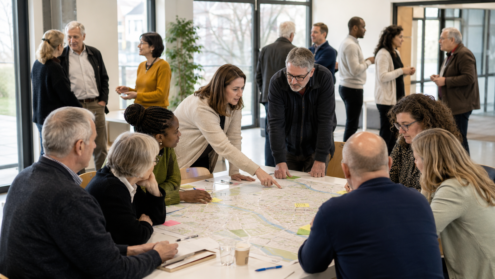 Engagierte aus Vereinen und Kommune stehen gemeinsam um einen Stadtplan und markieren Bedarfe mit Notizen