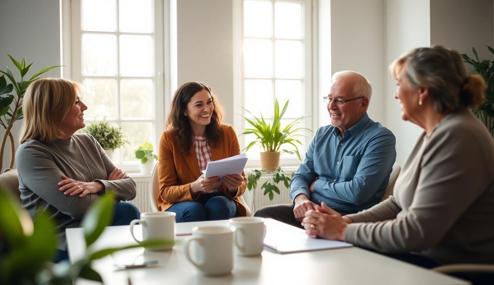MOSAIK-Team im aufmerksamen Gespräch mit Engagierten – warmes Tageslicht, Notizen, Kaffeetassen