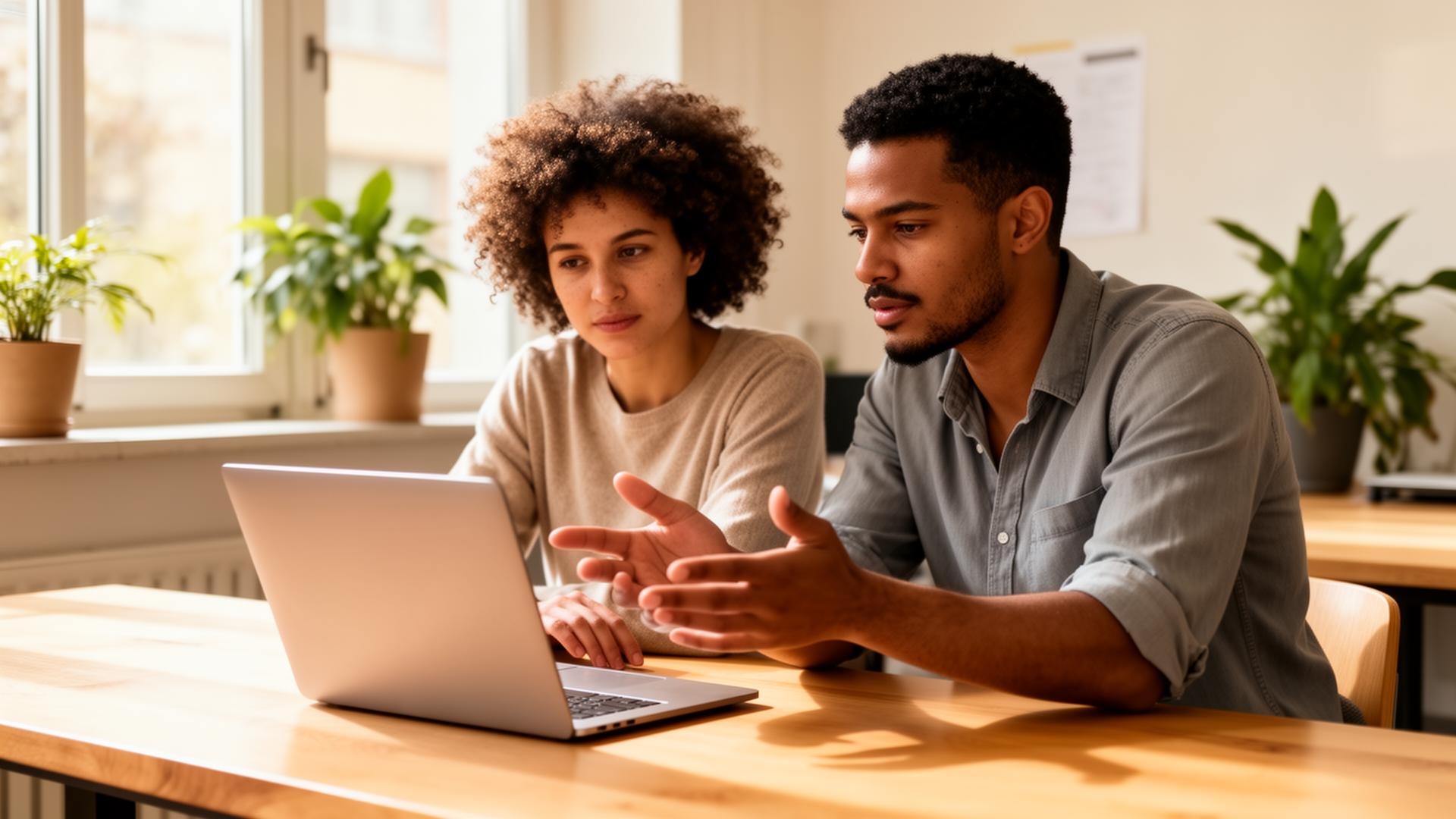 Zwei Engagierte besprechen am Laptop ruhig passende Förderprogramme