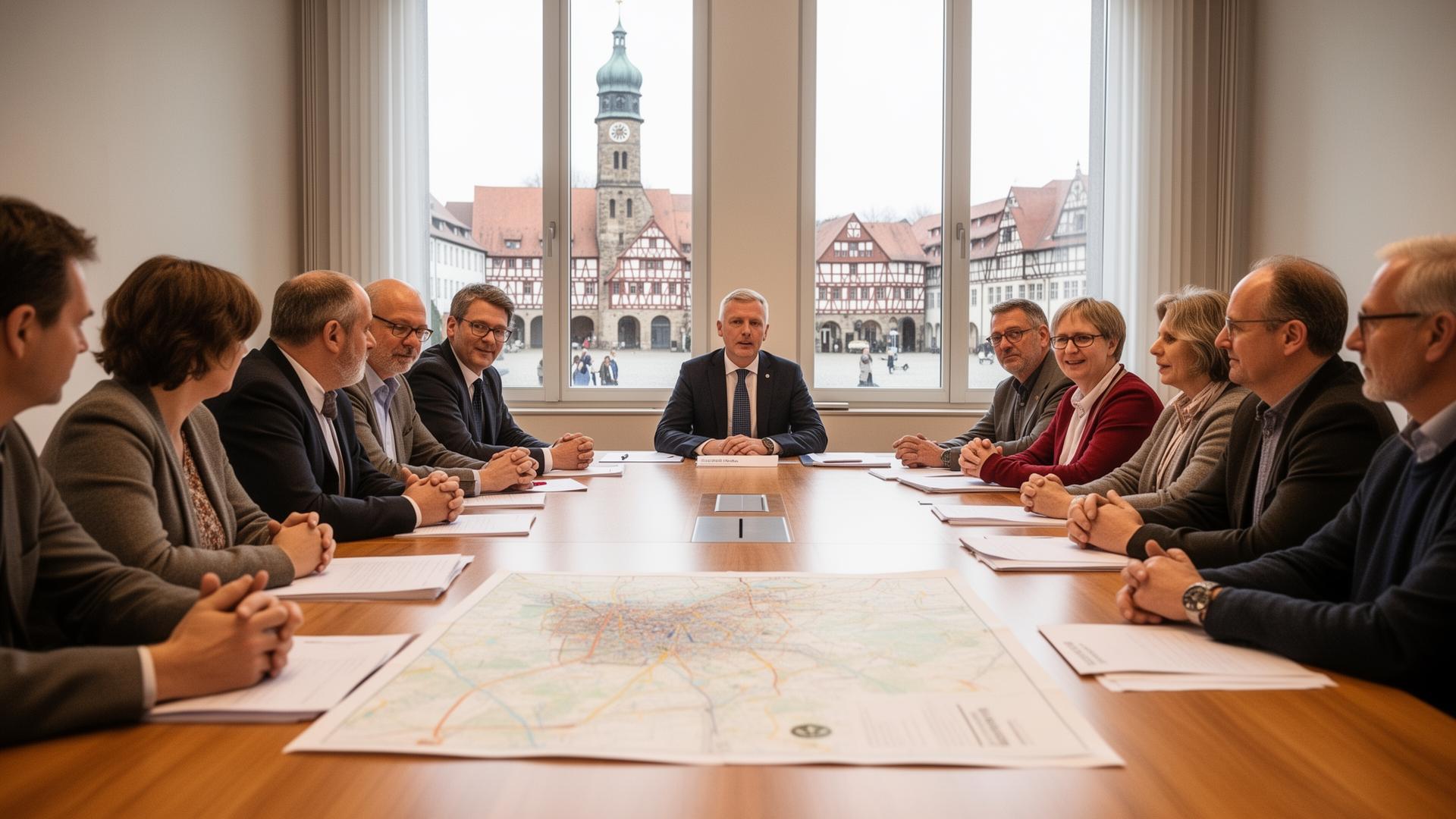 Vertreter:innen aus Kommune und Vereinen arbeiten gemeinsam an einem runden Tisch und markieren Schwerpunkte