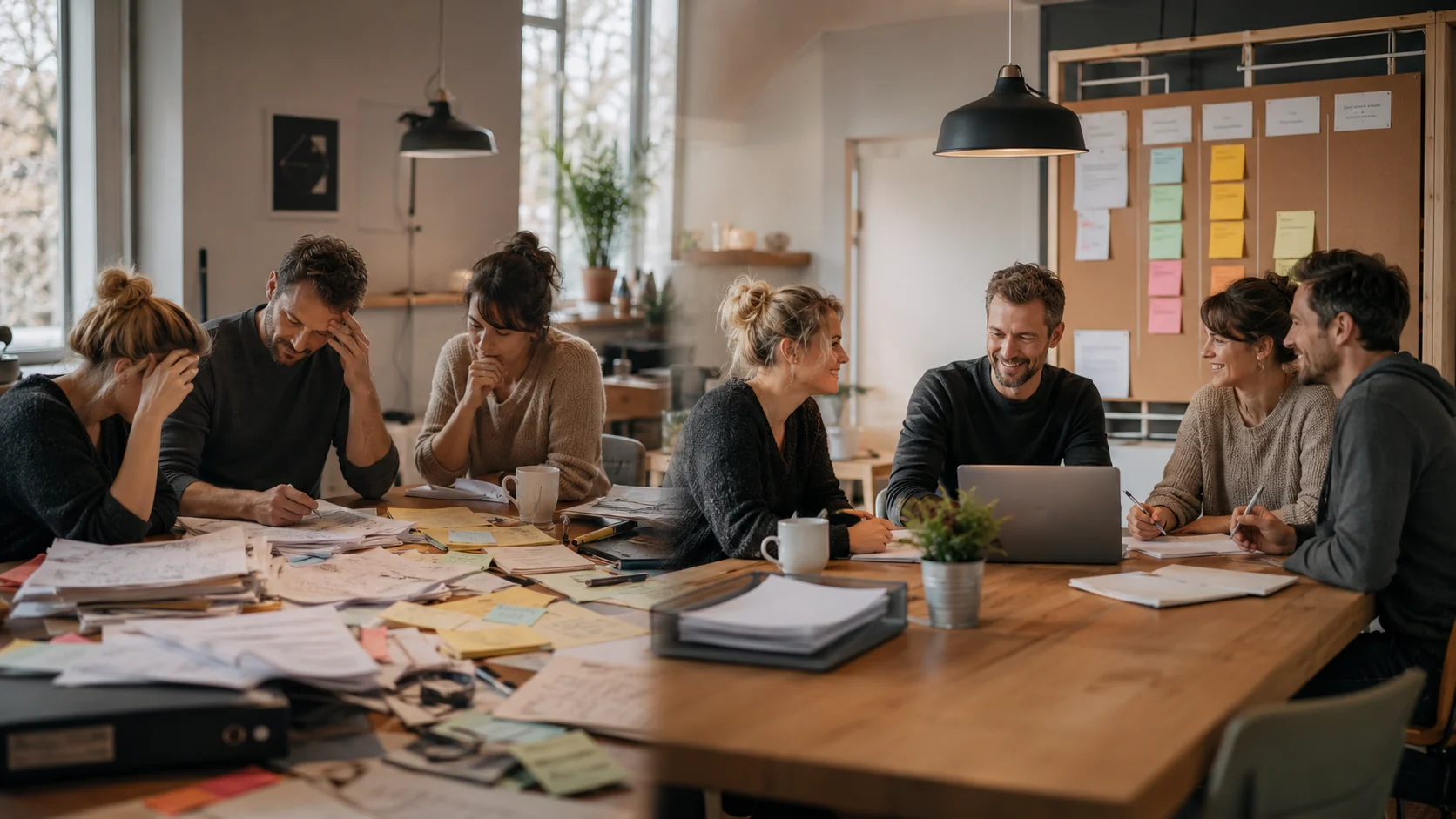 Vereinsgruppe arbeitet zwischen Unterlagen, Laptop und Pinnwand gemeinsam an Struktur und Aufgaben