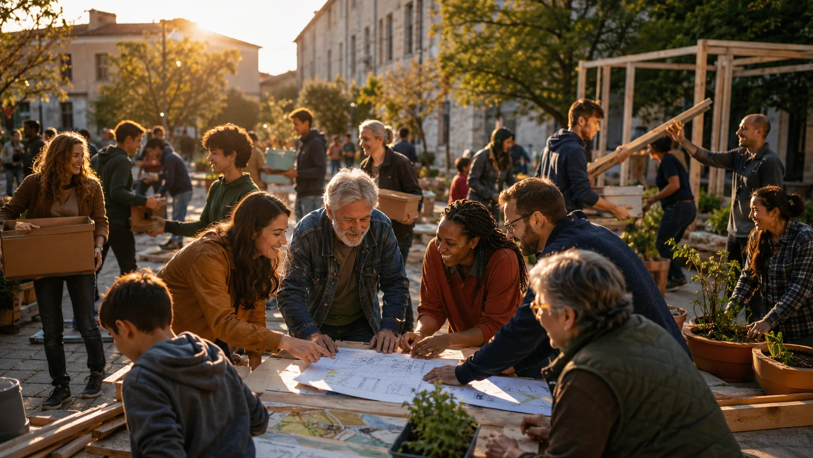 Engagierte planen gemeinsam an einem Tisch ein lokales Projekt im öffentlichen Raum